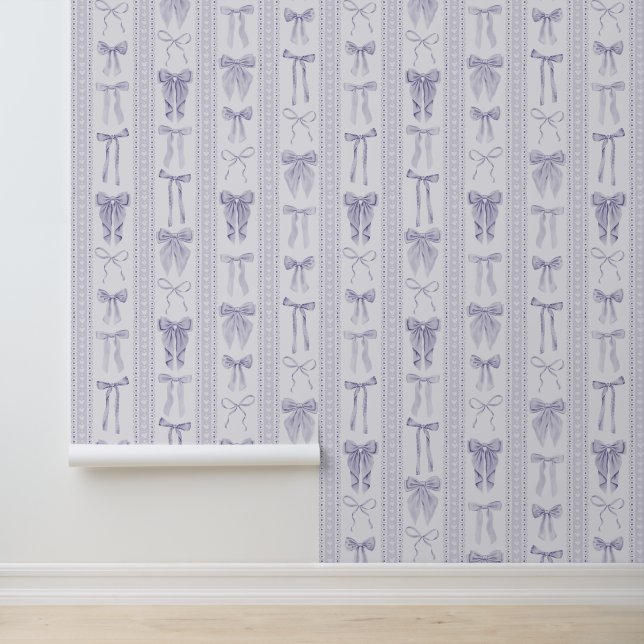 Lilac Bows with Lace Vertical Stripes Behang (Applicatie)