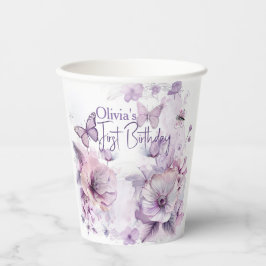 Lilac Butterfly Watercolor Girl's 1st Birthday  Papieren Bekers