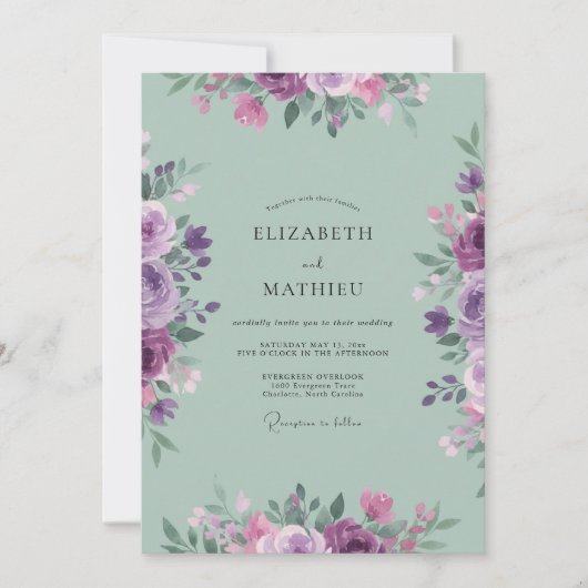 Lilac Celadon Geschilderde Bruiloft Kaart (Voorkant)