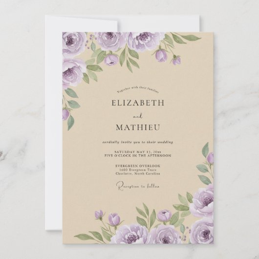 Lilac Crème Watercolor Bruiloft Kaart (Voorkant)