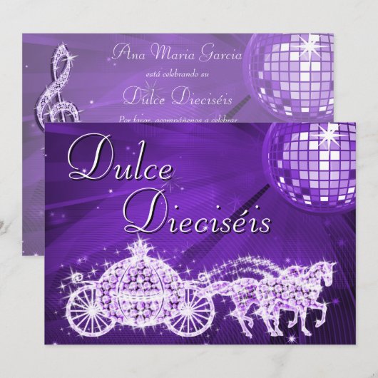 Lilac Disco Ball, Princess Coach & Horses Sweet 16 Kaart (Voorkant / Achterkant)