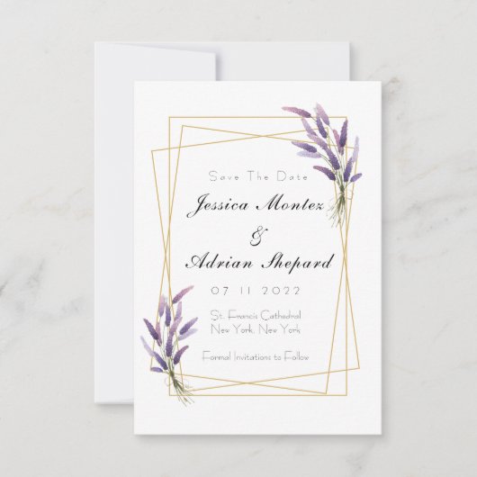 Lilac en goud save the dates kaart (Voorkant)