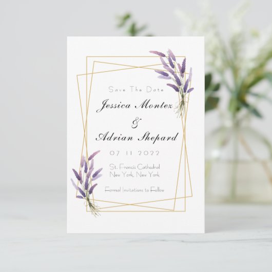 Lilac en goud save the dates kaart (Staand voorkant)