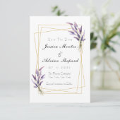 Lilac en gouden save the dates kaart (Staand voorkant)
