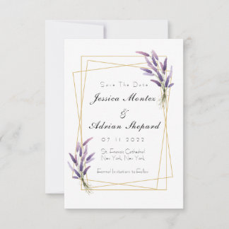 Lilac en gouden save the dates kaart