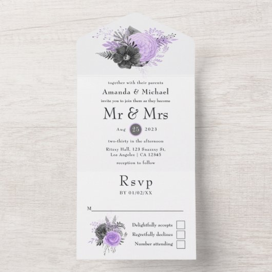 Lilac en houtskool bloemige bruiloft all in one uitnodiging (Binnen)