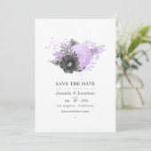 Lilac en houtskool bloemige trouwfoto save the date (Staand voorkant)