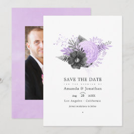 Lilac en houtskool bloemige trouwfoto save the date