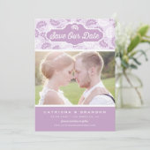 Lilac en wit bloemmotief Foto Bewaar onze datum Kaart (Staand voorkant)