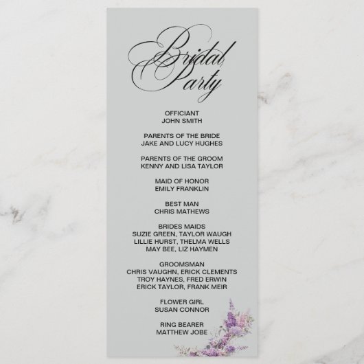 Lilac floral Elegant double side program card  Programmakaart (Achterkant)