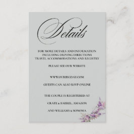 Lilac floral Elegant Enclosure Card Details Informatiekaartje