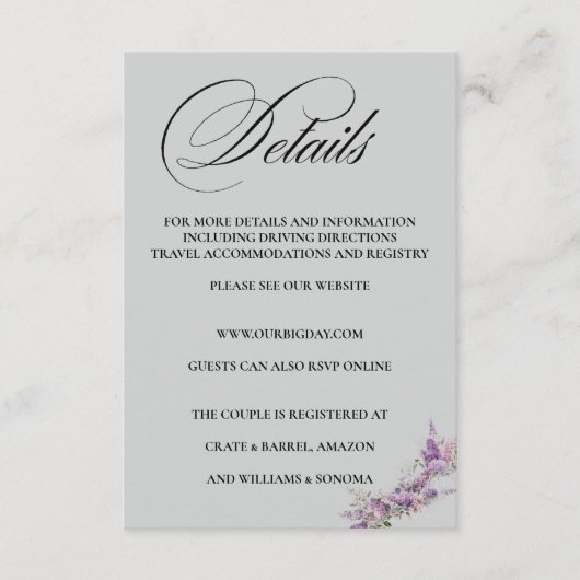 Lilac floral Elegant Enclosure Card Details Informatiekaartje (Voorkant)