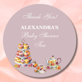 Lilac Floral Tea Party Baby Shower Favor  Ronde Sticker
