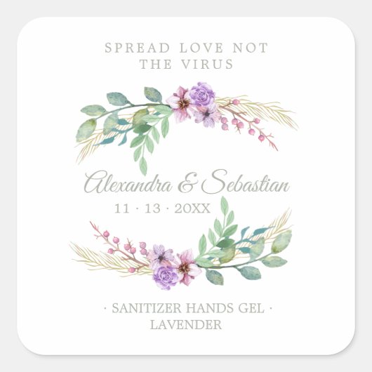 Lilac Floral Wreath Wedding Sanitizer Hand Gel Vierkante Sticker (Voorkant)