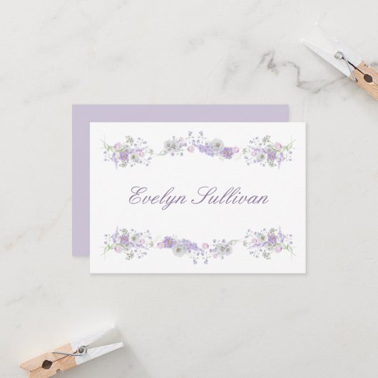 Lilac Flowers Flat Place Card (Voorkant / Achterkant in situ)