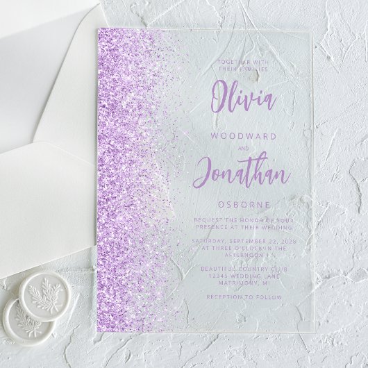 Lilac Glitter Modern Script Bruiloft Acryl Uitnodigingen