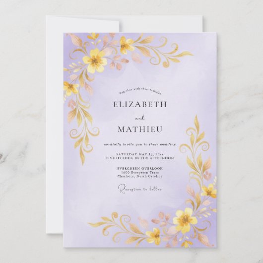 Lilac Goud Wijnstok Bruiloft Kaart (Voorkant)
