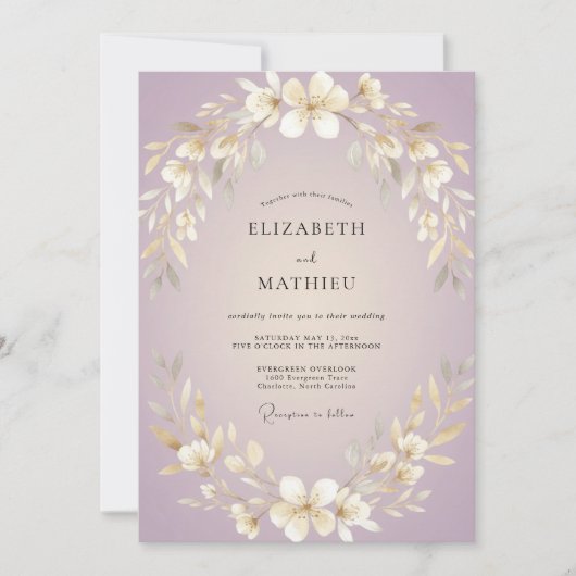 Lilac Gouden Krans Bruiloft Kaart (Voorkant)