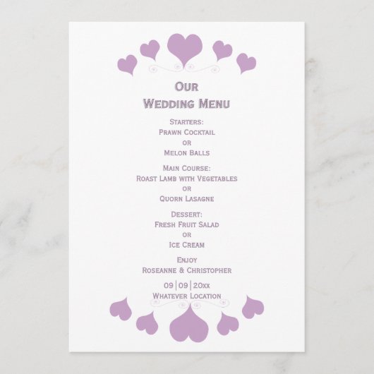 Lilac Hearts Design Bruiloft Menu (Voorkant)