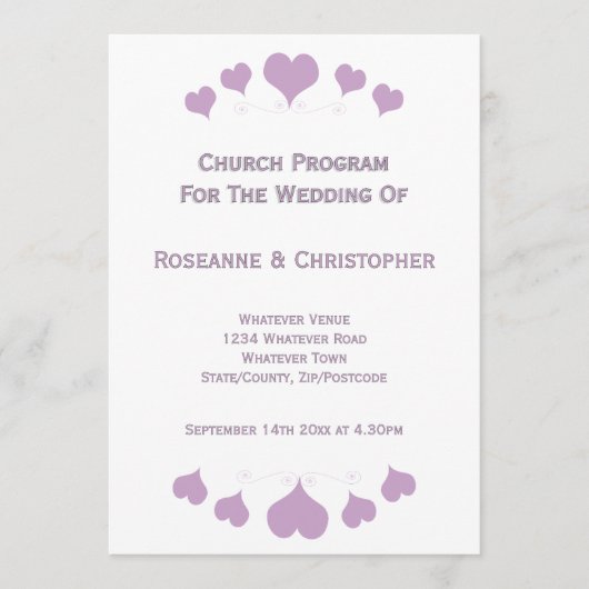 Lilac Hearts Design Bruiloft Programmakaart (Voorkant)