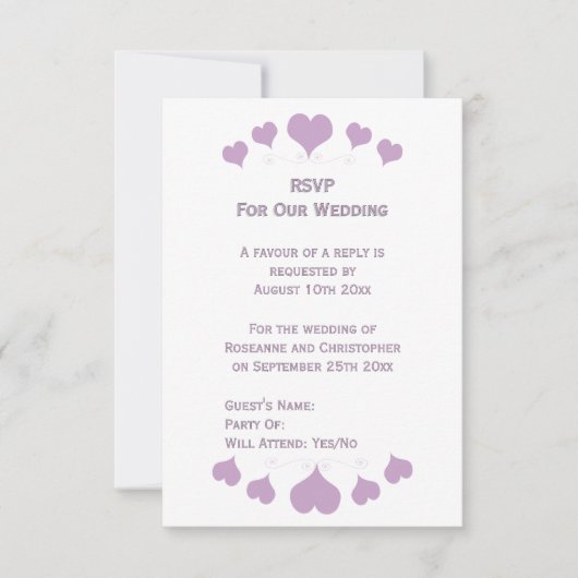 Lilac Hearts Design Bruiloft RSVP Kaartje (Voorkant)