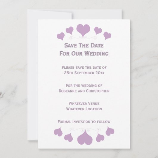 Lilac Hearts Design Bruiloft Save The Date (Voorkant)