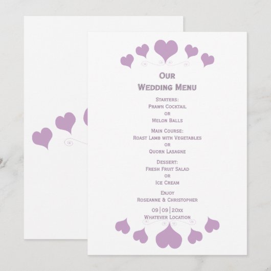 Lilac Hearts Design Wedding Menu (Voorkant / Achterkant)