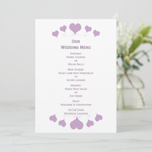 Lilac Hearts Design Wedding Menu (Staand voorkant)