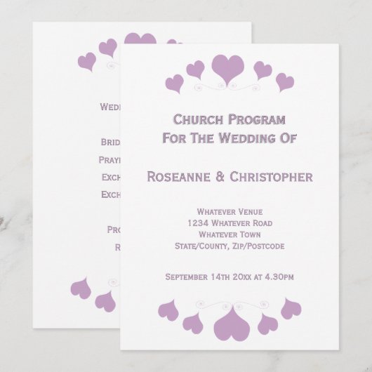 Lilac Hearts Design Wedding Programmakaart (Voorkant / Achterkant)