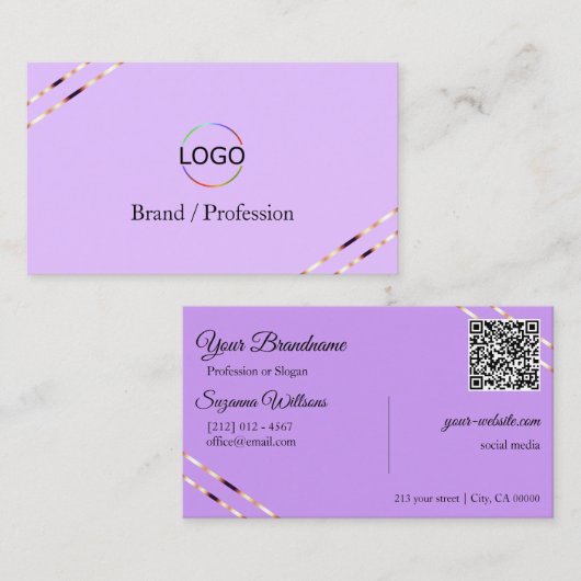 Lilac Lavender met Rose Goud Lines Logo QR Code Visitekaartje (Voorkant / Achterkant)