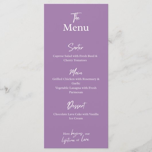 Lilac Lavender Wedding dinner Menu Card  (Voorkant)