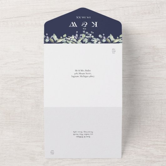 Lilac Loofwerk Navy Blauwe Monogram Bruiloft All In One Uitnodiging (Buitenkant)