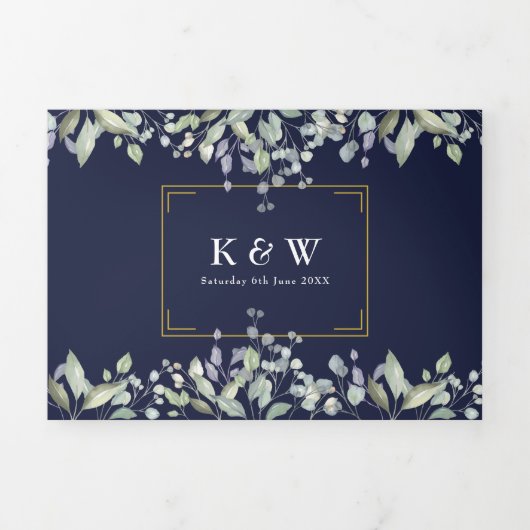 Lilac Loofwerk Navy Blauwe Monogram Foto Bruiloft Drieluik Uitnodiging (Cover)