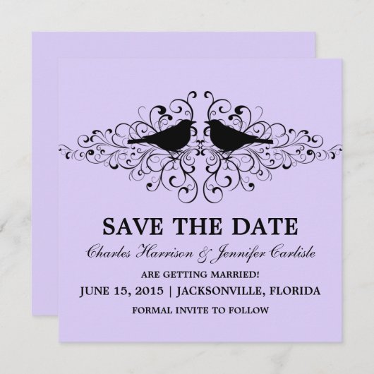 Lilac Love Bird Swirls Save the Date Uitnodiging (Voorkant / Achterkant)