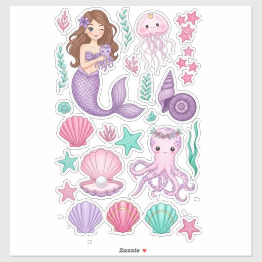 Lilac Mermaid & Cute Octopus Vinyl Sticker (Vel)