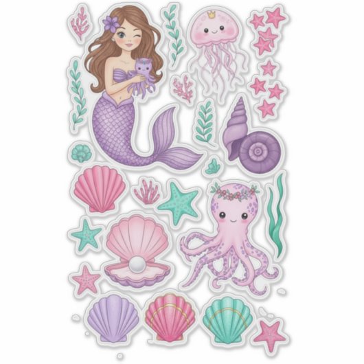 Lilac Mermaid & Cute Octopus Vinyl Sticker (Voorkant)