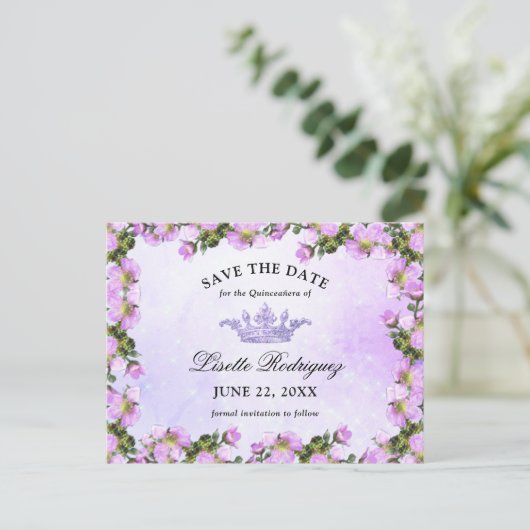 Lilac Paarse Bloemachtige Quinceanera Save The Dat Briefkaart (Staand voorkant)