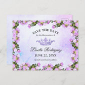 Lilac Paarse Bloemige Quinceanera Save The Date Briefkaart (Voorkant / Achterkant)