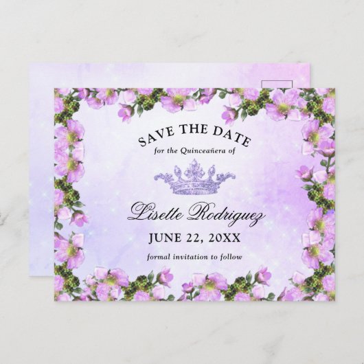 Lilac Paarse Bloemige Quinceanera Save The Date Briefkaart (Voorkant / Achterkant)