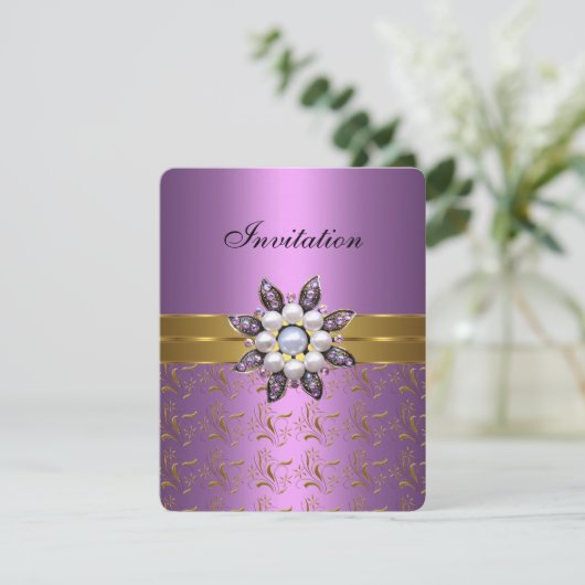 Lilac Paarse Goud Uitnodigen Jewel Bloem Elegante  Kaart (Staand voorkant)