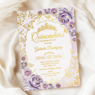 Lilac Paarse Gouden Bloemige Quinceanera Folie Uitnodiging