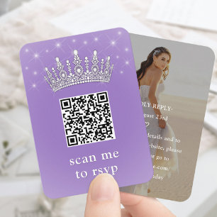 Lilac Paarse QR RSVP Quinceañera Kroon & Foto Informatiekaartje