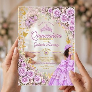 Lilac Paarse Rozen Gouden Westerse Quinceañera Acryl Uitnodigingen