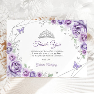 Lilac Paarse Zilveren Bloemige Quinceanera Bedankkaart
