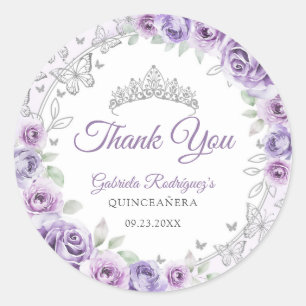 Lilac Paarse Zilveren Bloemige Quinceanera Ronde Sticker
