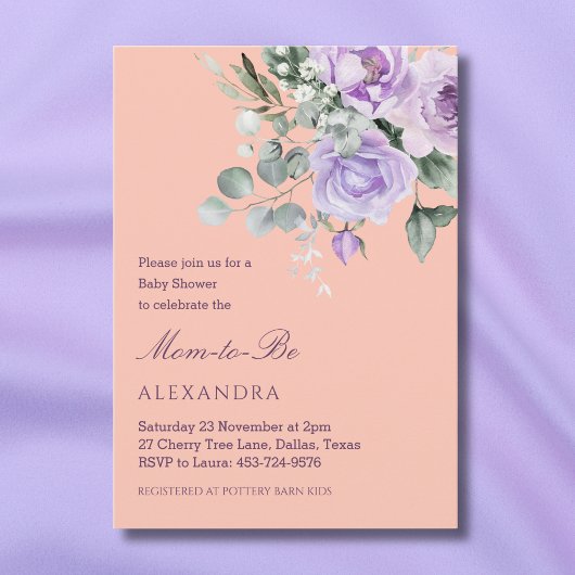 Lilac Peach Floral Peony Baby Shower Kaart