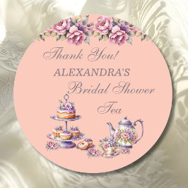 Lilac Peach Floral Tea Party Bridal Shower Favor Ronde Sticker