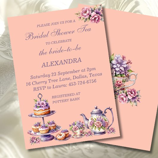 Lilac Peach Floral Whimsical Tea Bridal Shower Kaart
