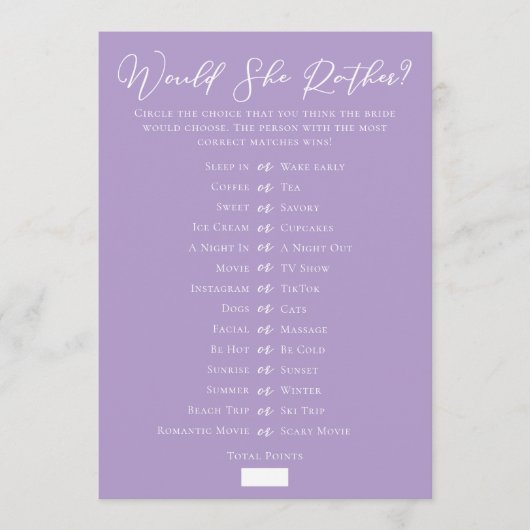 Lilac Purple Downloadable Bridal Shower Guess Game Kaart (Voorkant)