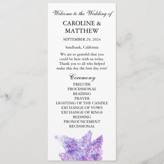 Lilac Purple Floral Elegant Modern Wedding Programmakaart (Voorkant)